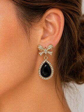 Mint - Gold Bow Rhinestone Drop Earrings Black Teardrop Statement NWT - LAST ONE